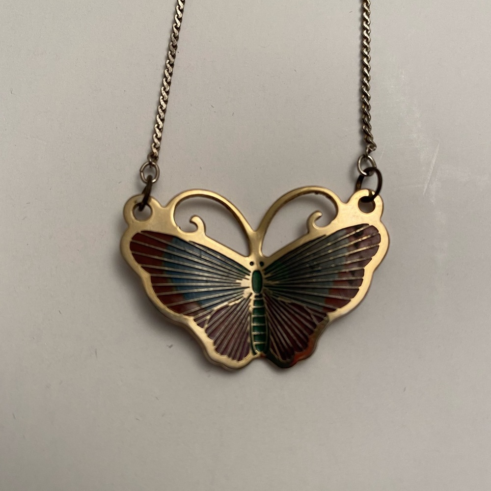 Vintage Gold Tone Painted Butterfly Necklace